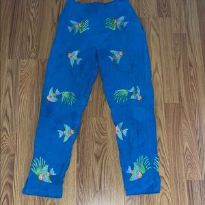 Blue Pants with Colorful Fish Embroidery